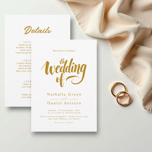 Elegant script wit en goud kalligrafie bruiloft kaart
