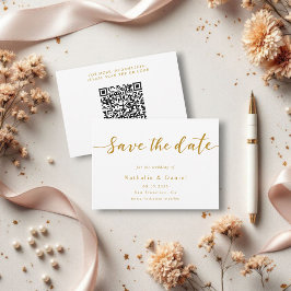 Elegant script wit en goud QR code bruiloft Save The Date