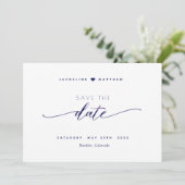 Elegant script, wit en marine, eenvoudige bruiloft save the date (Staand voorkant)