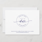 Elegant script, wit en marine, eenvoudige bruiloft save the date (Achterkant)