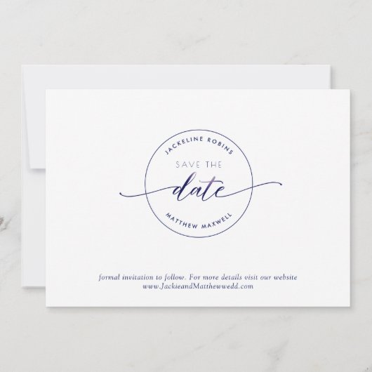 Elegant script, wit en marine, eenvoudige bruiloft save the date (Achterkant)