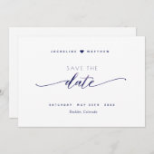 Elegant script, wit en marine, eenvoudige bruiloft save the date (Voorkant / Achterkant)