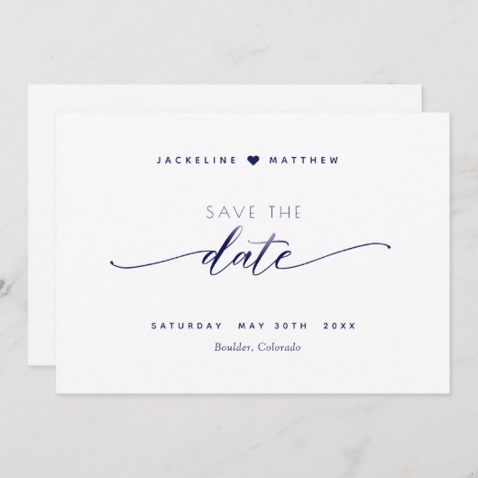 Elegant script, wit en marine, eenvoudige bruiloft save the date (Voorkant / Achterkant)