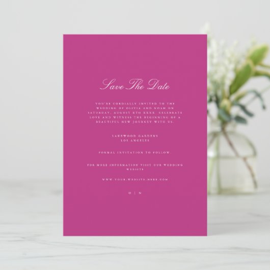 Elegant Script wit & Magenta Save The Date Kaart (Staand voorkant)