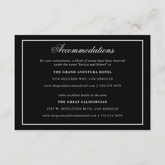 Elegant Script Wit op Zwarte Huwelijksbijlage Informatiekaartje (Achterkant)