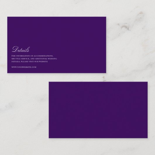 Elegant Script Wit & Paarse bruiloft Details Informatiekaartje (Voorkant / Achterkant)