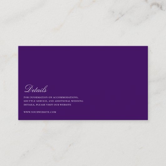 Elegant Script Wit & Paarse bruiloft Details Informatiekaartje (Voorkant)