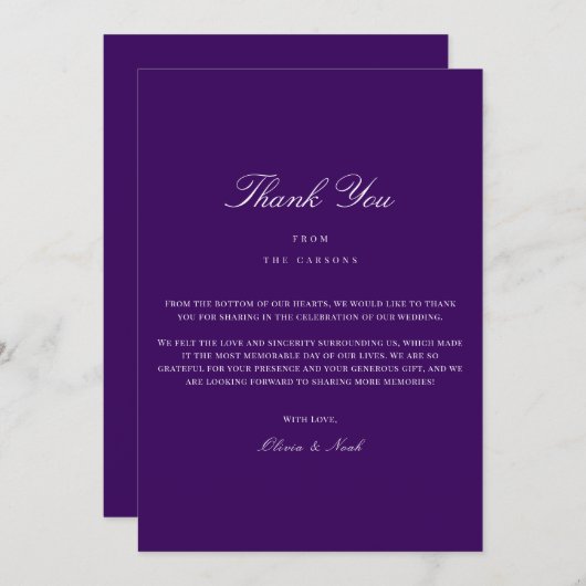 Elegant Script Wit & Paarse Dankjewel Kaart (Voorkant / Achterkant)