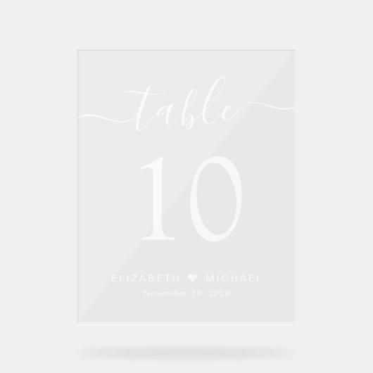 Elegant Script Witte Bruiloft Tafelnummer Acryl Bord (Voorkant)