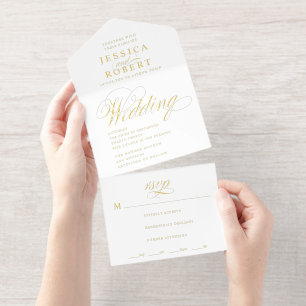 Elegant Script Witte Kalligrafie Huwelijk Folie All In One Uitnodiging