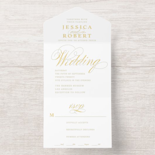 Elegant Script Witte Kalligrafie Huwelijk Folie All In One Uitnodiging (Binnenkant)