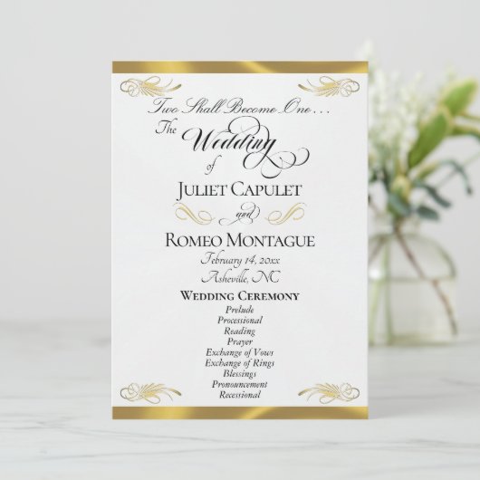 Elegant Script - Witte Parel/Gouden Bruiloft Programmakaart (Staand voorkant)