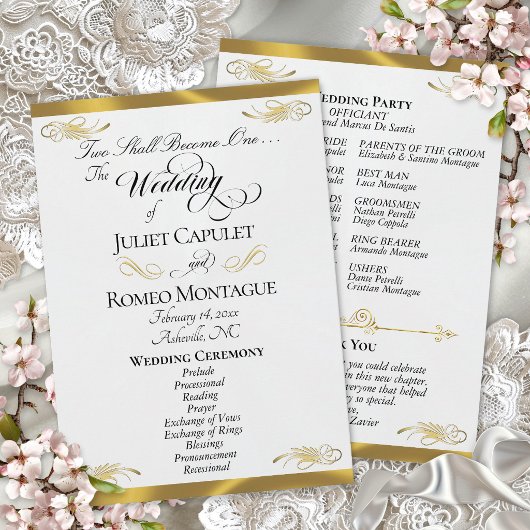 Elegant Script - Witte Parel/Gouden Bruiloft Programmakaart
