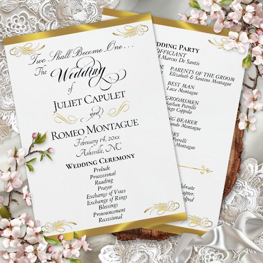 Elegant Script - Witte Parel/Gouden Bruiloft Programmakaart
