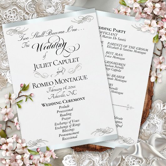 Elegant Script - Witte Parel/Zilveren Bruiloft Programmakaart