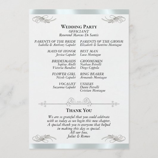 Elegant Script - Witte Parel/Zilveren Bruiloft Programmakaart (Achterkant)