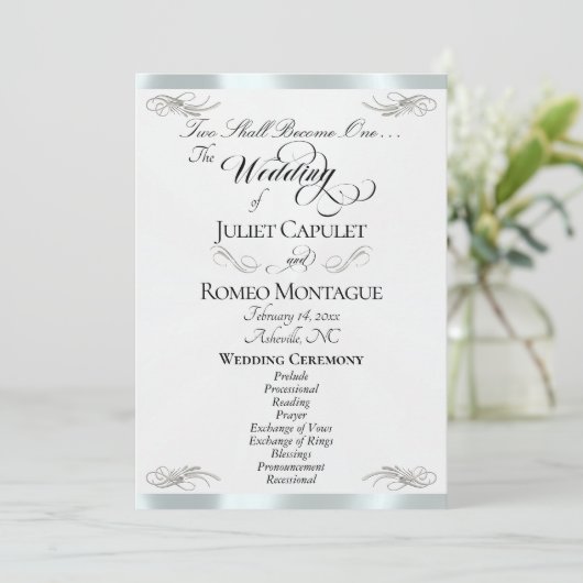 Elegant Script - Witte Parel/Zilveren Bruiloft Programmakaart (Staand voorkant)
