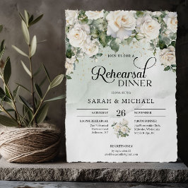 Elegant script witte rozen en gouden repetitie kaart