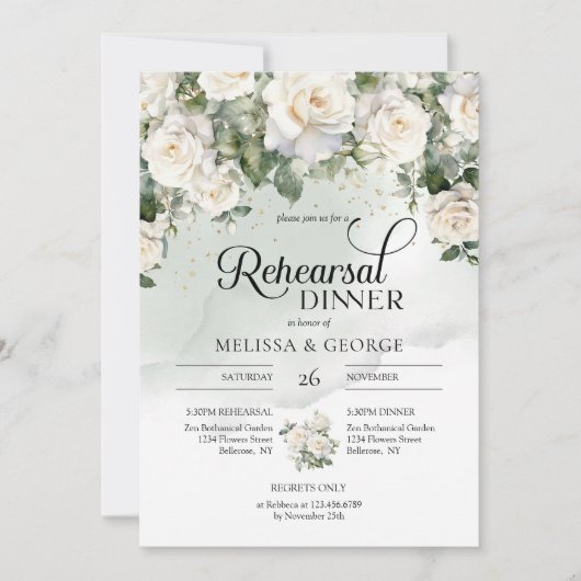 Elegant script witte rozen en gouden repetitie kaart (Voorkant)