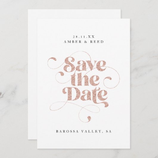 Elegant Script Words Roos Gold Faux Glitter Save The Date (Voorkant / Achterkant)