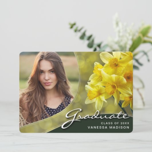 Elegant Script Yellow Flowers | Modern Photo Afstu Aankondiging (Staand voorkant)