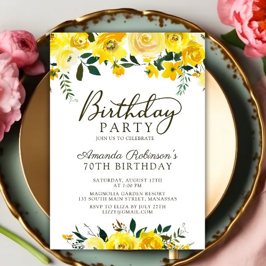 Elegant Script Yellow Rose Floral 70e verjaardag Kaart