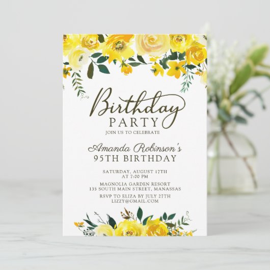 Elegant Script Yellow Rose Floral 95th Verjaardag Kaart (Staand voorkant)