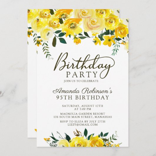 Elegant Script Yellow Rose Floral 95th Verjaardag Kaart (Voorkant / Achterkant)
