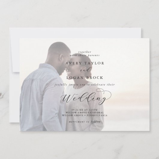 Elegant script | Zachte horizontale fotobruiloft Kaart (Voorkant)