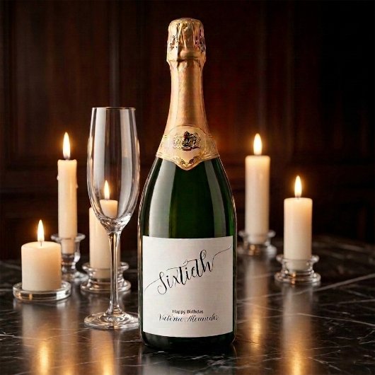 Elegant Script Zestigste Verjaardag Persoonlijk Sparkling Wijnetiket