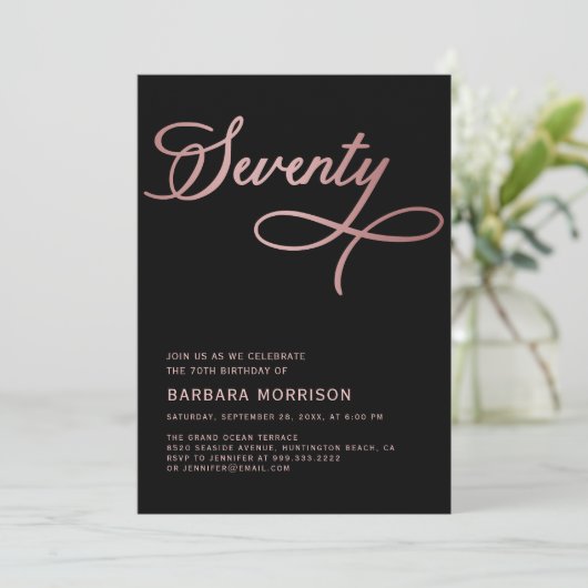 Elegant script Zeventig Roos Goud 70ste Verjaardag Kaart (Staand voorkant)