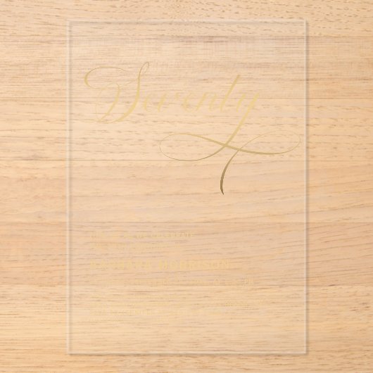Elegant script Zeventig Zwart Goud 70ste Verjaarda Acryl Uitnodigingen (Voorkant)
