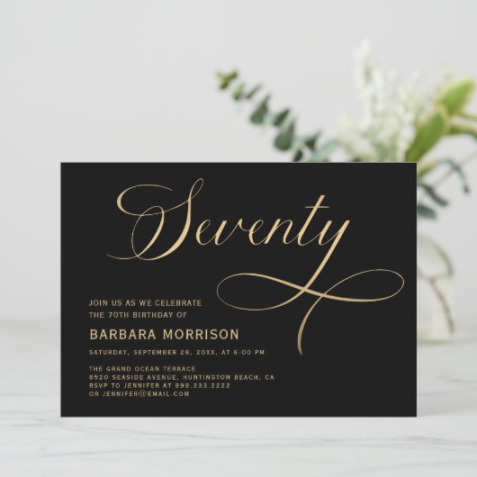 Elegant script Zeventig Zwart Goud 70ste Verjaarda Kaart (Staand voorkant)