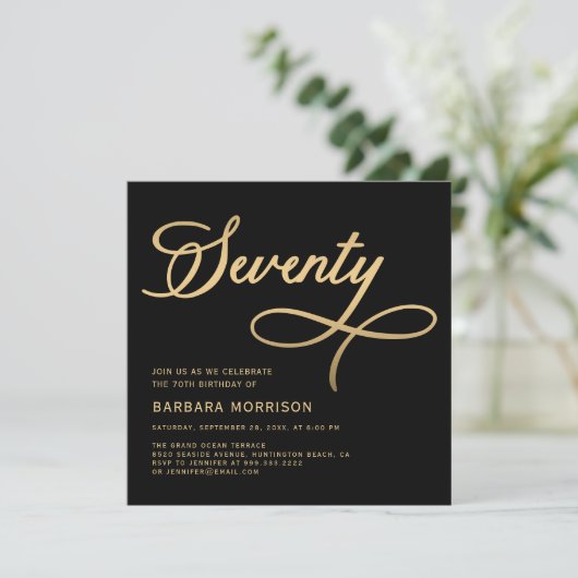 Elegant script Zeventig Zwart Goud 70ste Verjaarda Kaart (Staand voorkant)