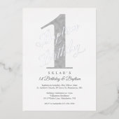 Elegant Script Zilver Baby 1e Verjaardag & Doopfee Folie Uitnodiging (Voorkant)