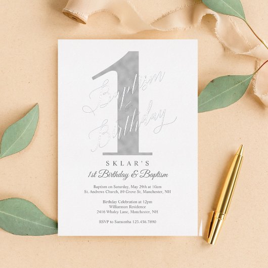 Elegant Script Zilver Baby 1e Verjaardag & Doopfee Folie Uitnodiging