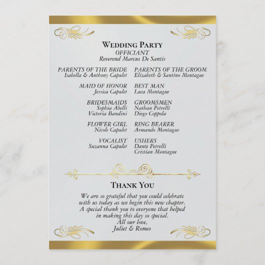 Elegant Script - Zilver Parel/Gouden Bruiloft Programmakaart (Achterkant)
