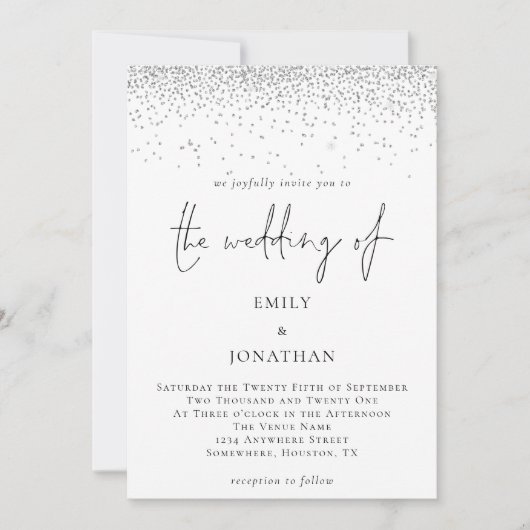 Elegant Script Zilveren Glitter Glam Bruiloft Kaart (Voorkant)