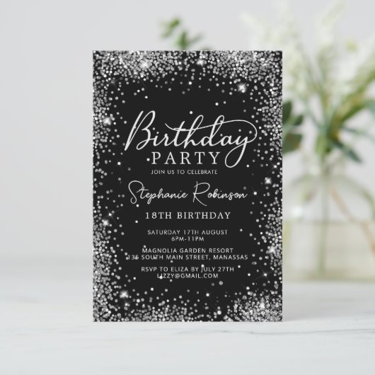 Elegant Script Zilveren Glitter Zwart 18e verjaard Kaart (Staand voorkant)