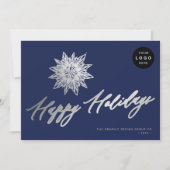 Elegant script zilveren sneeuwvlok LOGO business Feestdagenkaart (Voorkant)