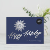 Elegant script zilveren sneeuwvlok LOGO business Feestdagenkaart (Staand voorkant)
