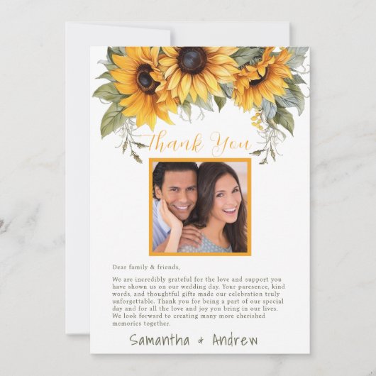 Elegant Script Zonnebloem Bruiloft Dank u Kaart (Voorkant)