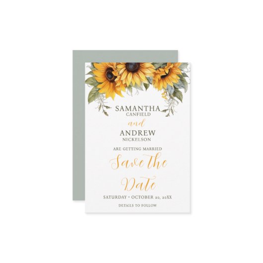 Elegant Script Zonnebloem Bruiloft Save the Date (Voorkant / Achterkant in situ)