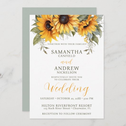 Elegant Script Zonnebloem bruiloft uitnodiging (Voorkant / Achterkant)
