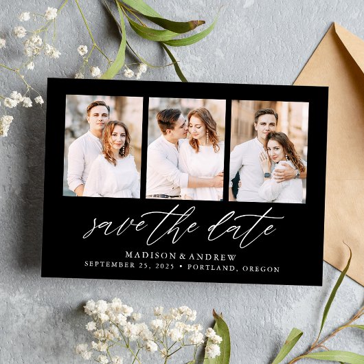 Elegant Script Zwart 3 Foto Collage Save The Date