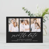 Elegant Script Zwart 3 Foto Collage Save The Date (Staand voorkant)