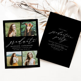 Elegant Script zwart 4 foto afstudeerfeest Kaart