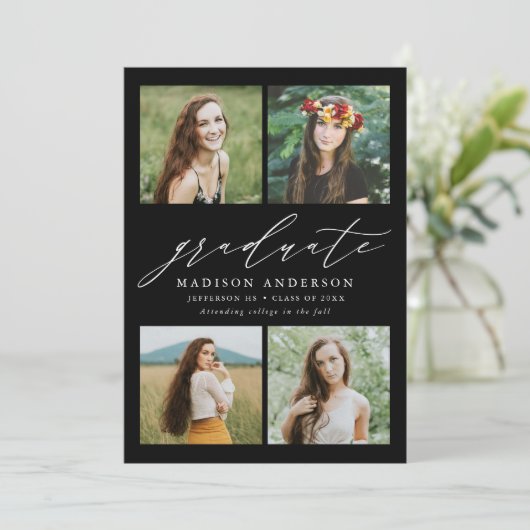 Elegant Script zwart 4 foto afstudeerfeest Kaart (Staand voorkant)