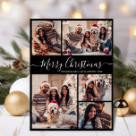 Elegant Script Zwart 5 Fotocollage Kerstmis Feestdagenkaart<br><div class="desc">Modern Simple Elegant Kalligrafie Zwart-wit 5 Fotocollage Merry Christmas Script Holiday Kaart. Deze feestelijke, minimalistische, grillige vijf (5) foto vakantie wenskaart sjabloon beschikt over een grid fotocollage en zegt "Vrolijk kerstfeest"! De begroetingstekst "Merry Christmas" is geschreven in een prachtig handgeschreven swirly swash-tail wit lettertype script op zwart. Op de achterkant...</div>