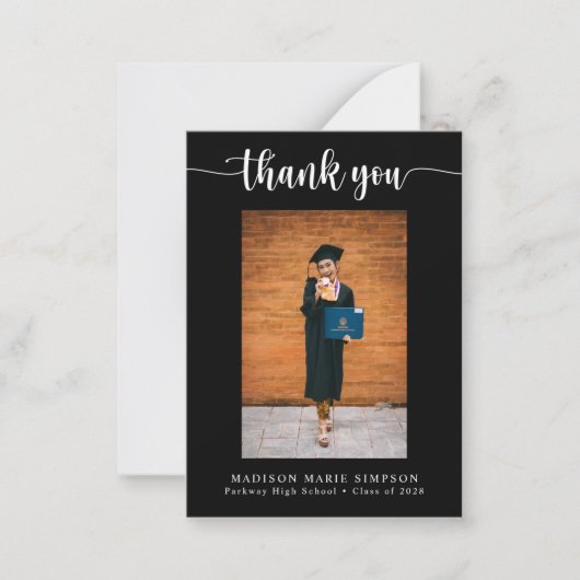 Elegant Script zwart Afstuderen foto dank u Notitiekaartje (Voorkant)